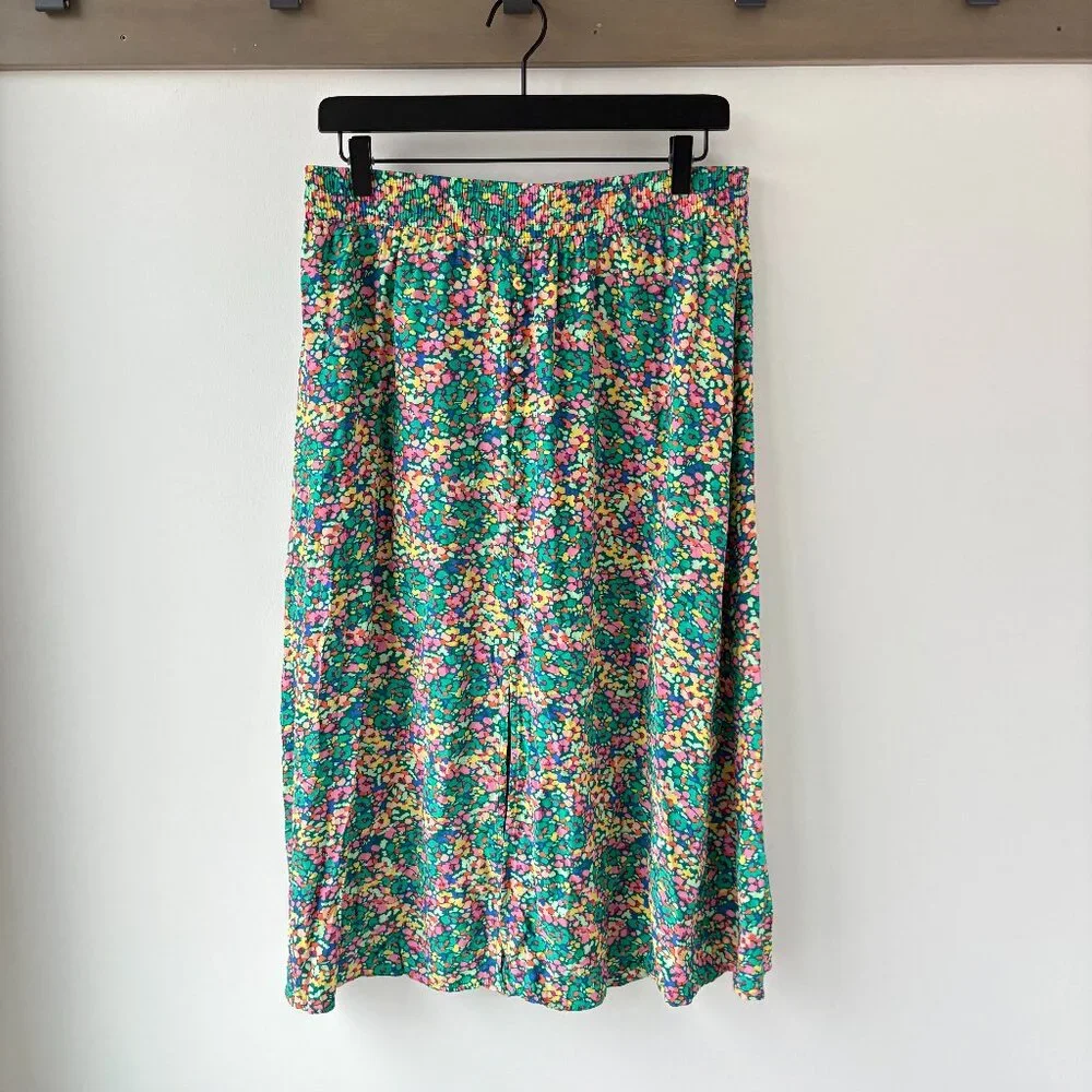 LOFT Green Floral Midi Skirt with Pink & Yellow Accents - Picture 1 of 6